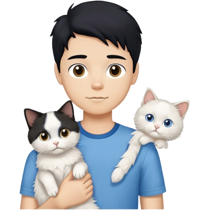 teenage boy with black hair wearing blue short sleeve shirt holding a white ragdoll cat emoji