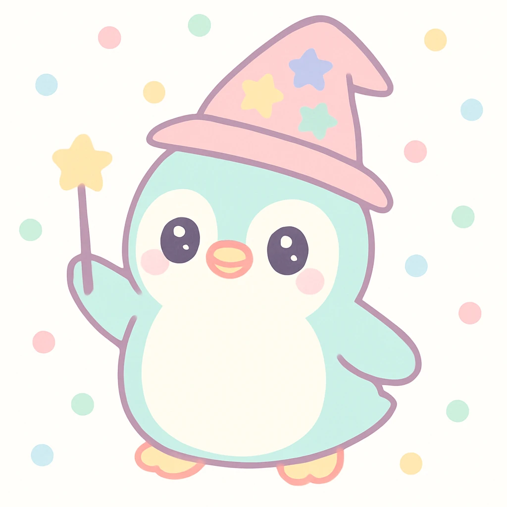 {
  "style_description": {
    "overall_look": "Cute, minimal, and soft with a friendly and playful tone",
    "material_simulation": {
      "primary_material": "flat digital color",
      "texture_detail": "smooth surfaces with no texture or shading",
      "pattern": "none or very simple decorative accents (e.g., hearts, stars)"
    },
    "geometry": {
      "edge_style": "rounded, soft curves with no sharp angles",
      "dimensionality": "flat two-dimensional appearance with simple shapes"
    },
    "color_palette": {
      "scheme": "pastel and light tones",
      "preferred_colors": ["pink", "mint", "lavender", "baby blue", "peach"],
      "contrast": "low contrast with bright accents"
    },
    "facial_features": {
      "eyes": "large, sparkly, often oval or circular",
      "mouth": "small, often a simple curve or dot",
      "expression": "joyful, innocent, or calm"
    },
    "lighting": {
      "type": "none or implied with soft highlights",
      "purpose": "maintain a clean and cheerful look"
    },
    "render_constraints": {
      "avoid": ["realistic shading", "high detail", "dark themes", "texture noise"],
      "focus_on": ["cute expression", "iconic simplicity", "emotional warmth"]
    },
    "background": {
      "color": "white or soft pastel",
      "style": "plain or patterned with simple icons (e.g., polka dots, stars)",
      "lighting_consistency": "no shadows, evenly lit feel"
    }
  }
}

{subject} = penguin wizard emoji