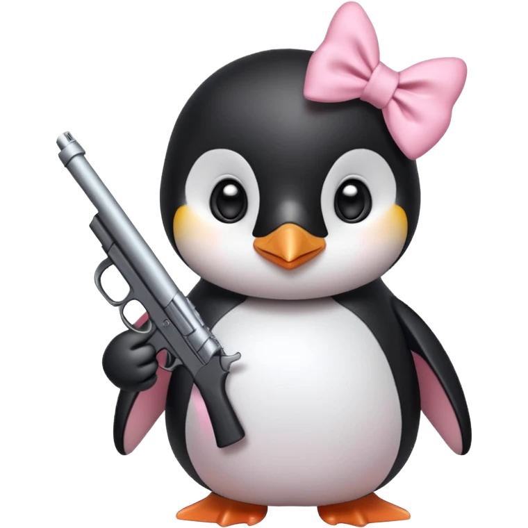 cute penguin wearing light pink bow on neck and holding light pink gun  emoji