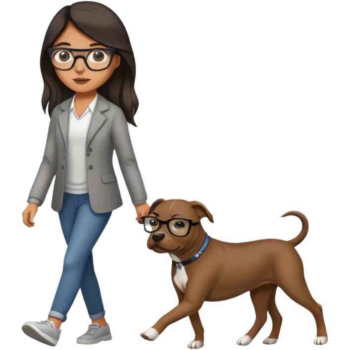 Girl with glasses and long dark hair walking grey pitbull emoji