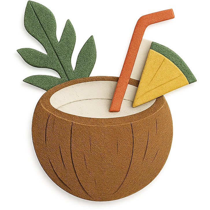 pina colada in a coconut shell with a straw and tropical leaves in paper-craft style emoji