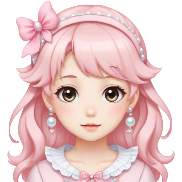 Gorgeous anime style lady with blushing face and accessories cottagecore fairycore Kawaii anime colorful pearly romantic aesthetic trending style emoji
