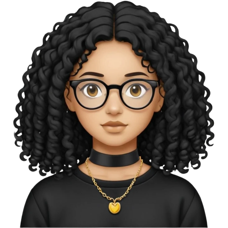 Mixed girl /curly long hair black / with black eyes glasses black sweat shirt middle part flat piercing and small thin gold choker  emoji