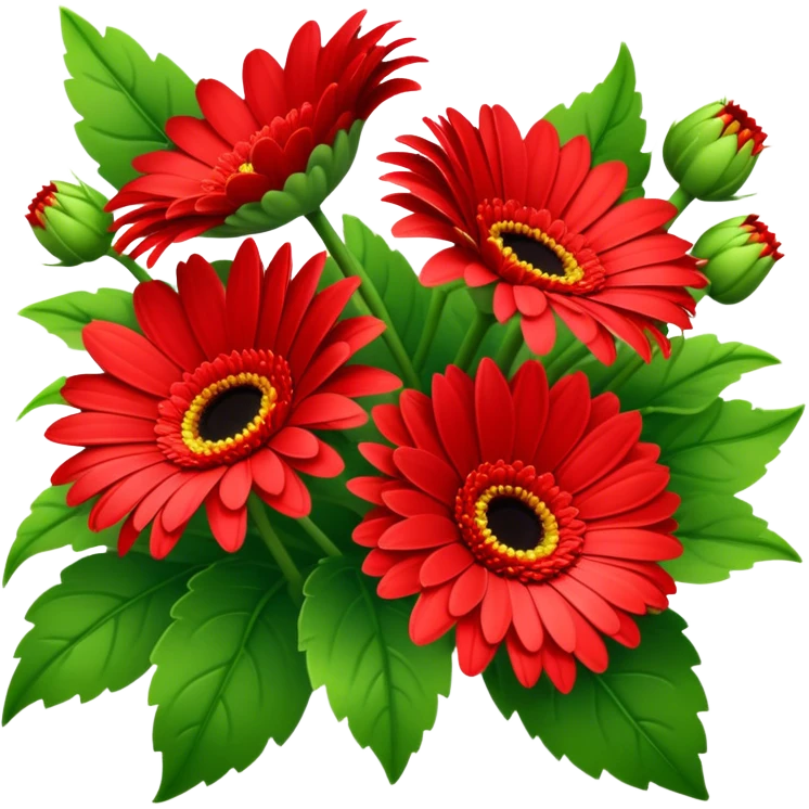 bouquet Bright Red Gerbera Daisy, luxuriant, leaf, bud emoji