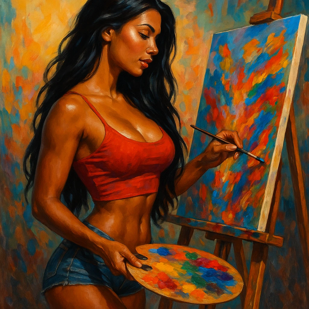 sexy tanned woman artist with long black hair, painting a masterpiece at an easel, holding a paint palette and brush, vibrant colors, in general style emoji