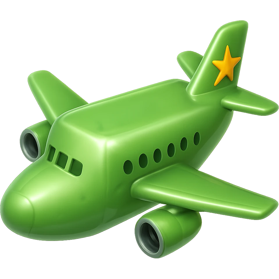 Make the light green airplane look like the glossy green cube in the reference image, keep one turbine on each wing, no background, in the style of apple emojis. emoji