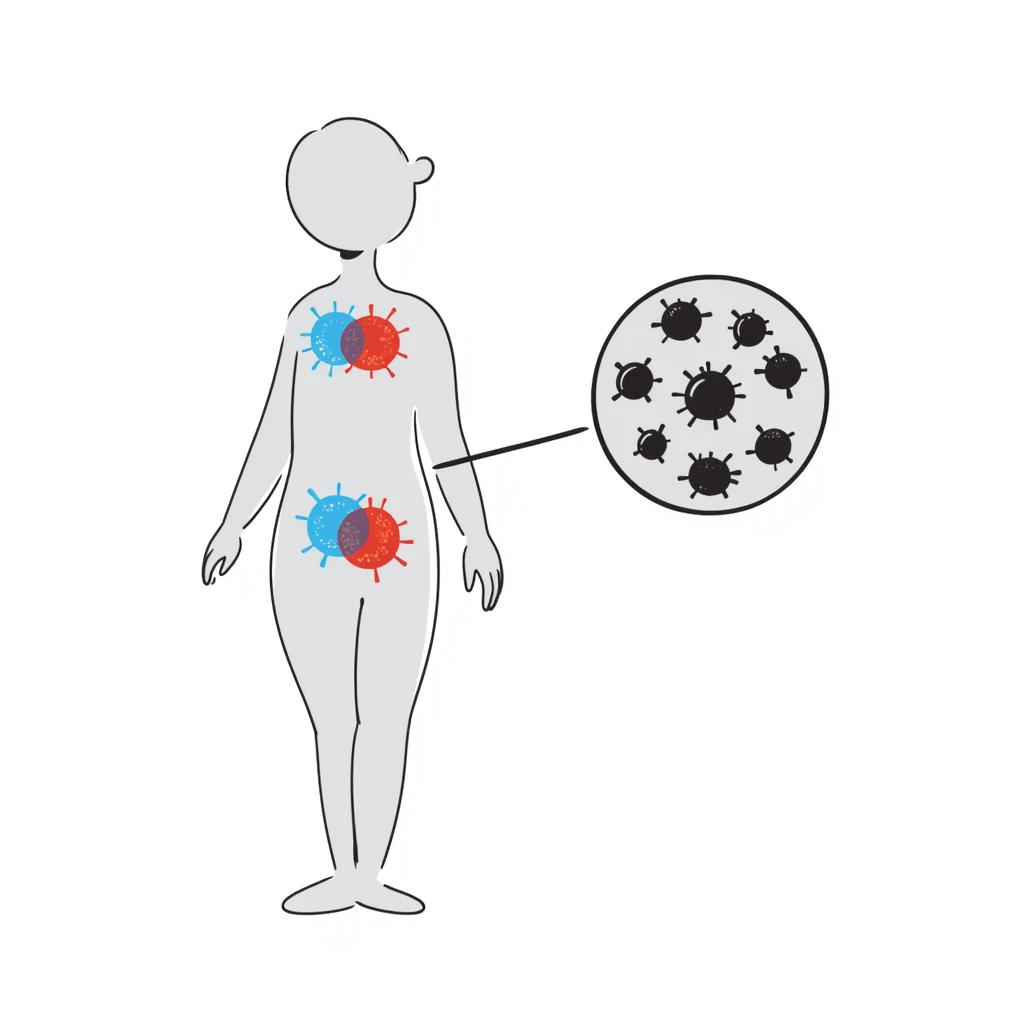 Medical illustration of anti-inflammatory process: transparent human body with highlighted joints, cool blue healing energy neutralizing red inflammation areas, small circular inset showing immune cells becoming calm, clean clinical style with soft futuristic background emoji