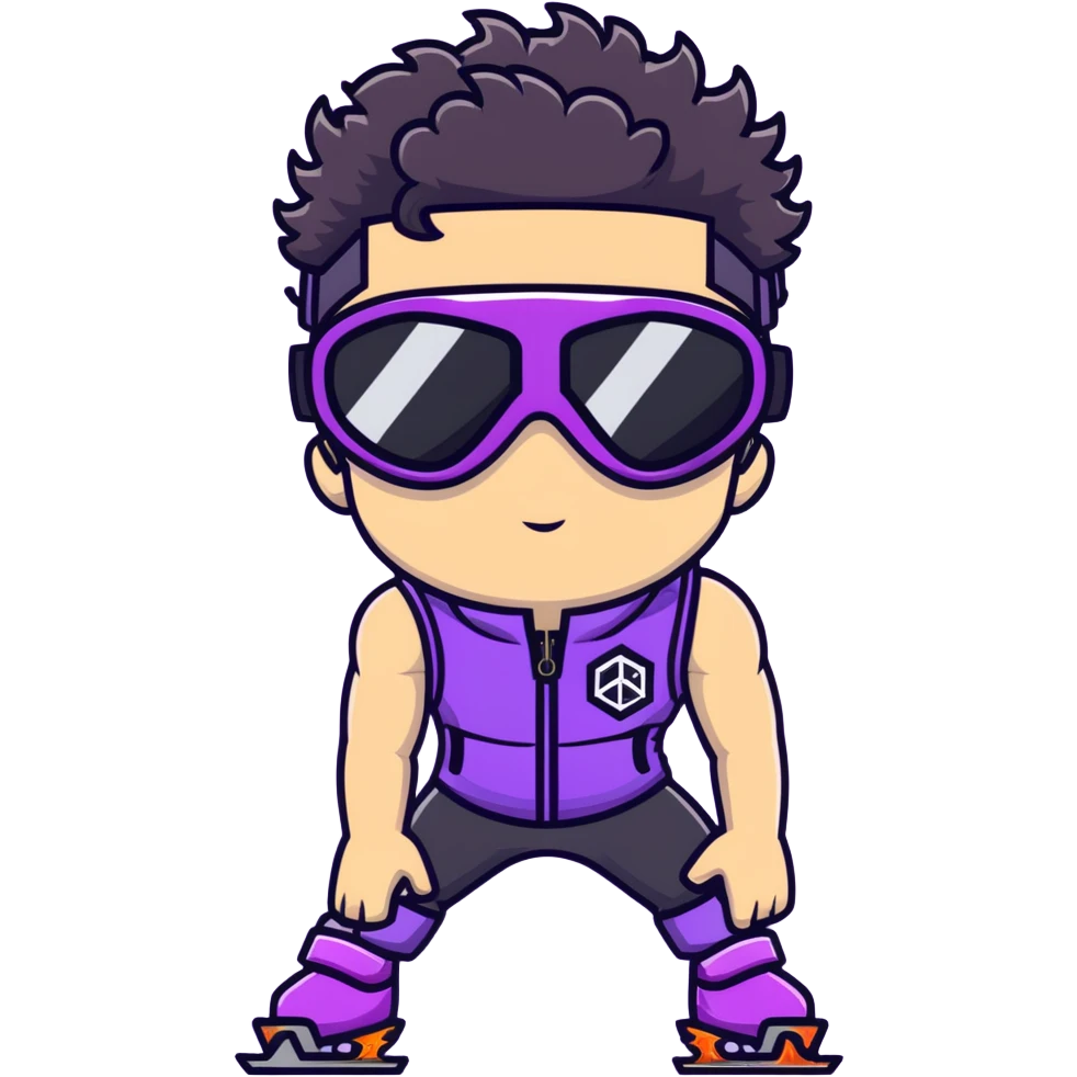 male athlete with white skin and moderately curly black hair on top with shaved sides, wearing ski goggles with purple frames and very dark black lenses, a simple plain black chain necklace, and a completely unzipped sleeveless vest with purple and black sequin fire pattern design, fully revealing his chest, shoulders and arms, no earrings emoji