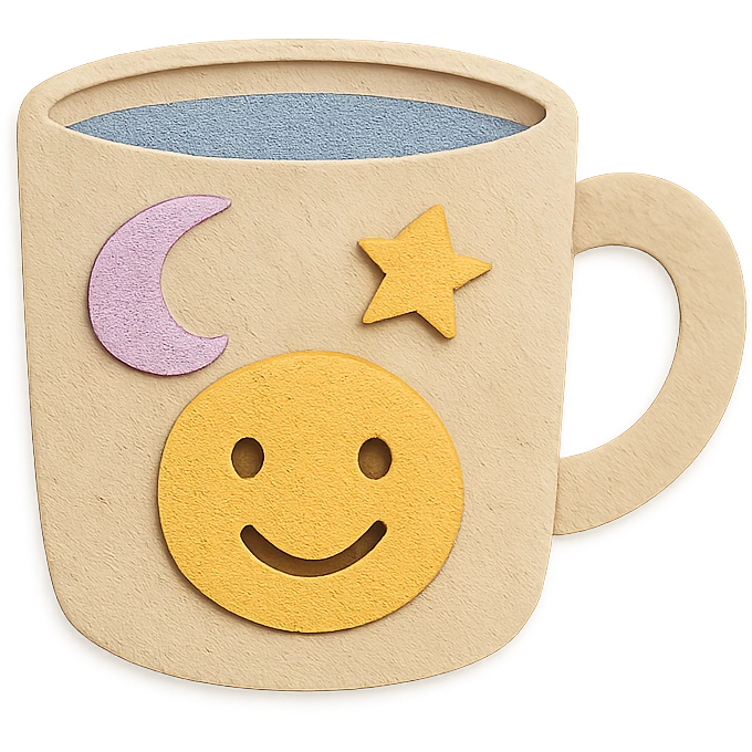 coffee cup with pastel moon and star doodles, smiling face, hand-drawn style emoji