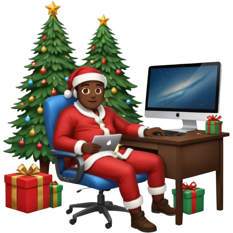 Informaticien homme noir full-body, week-end détente, assis à son bureau moderne avec ordinateur affichant du code.. À côté de lui, le Père Noël souriant, sapin illuminé et cadeaux autour. emoji
