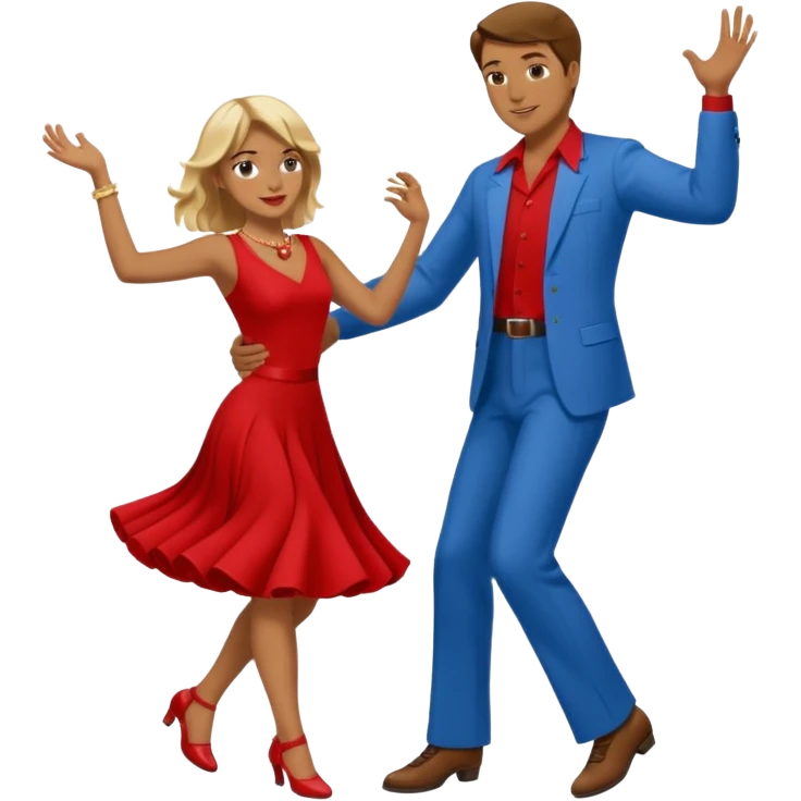 Two people. Man  wearing all red  with brown hair. Women iall blue with blond hair. Swing Dancing.  emoji