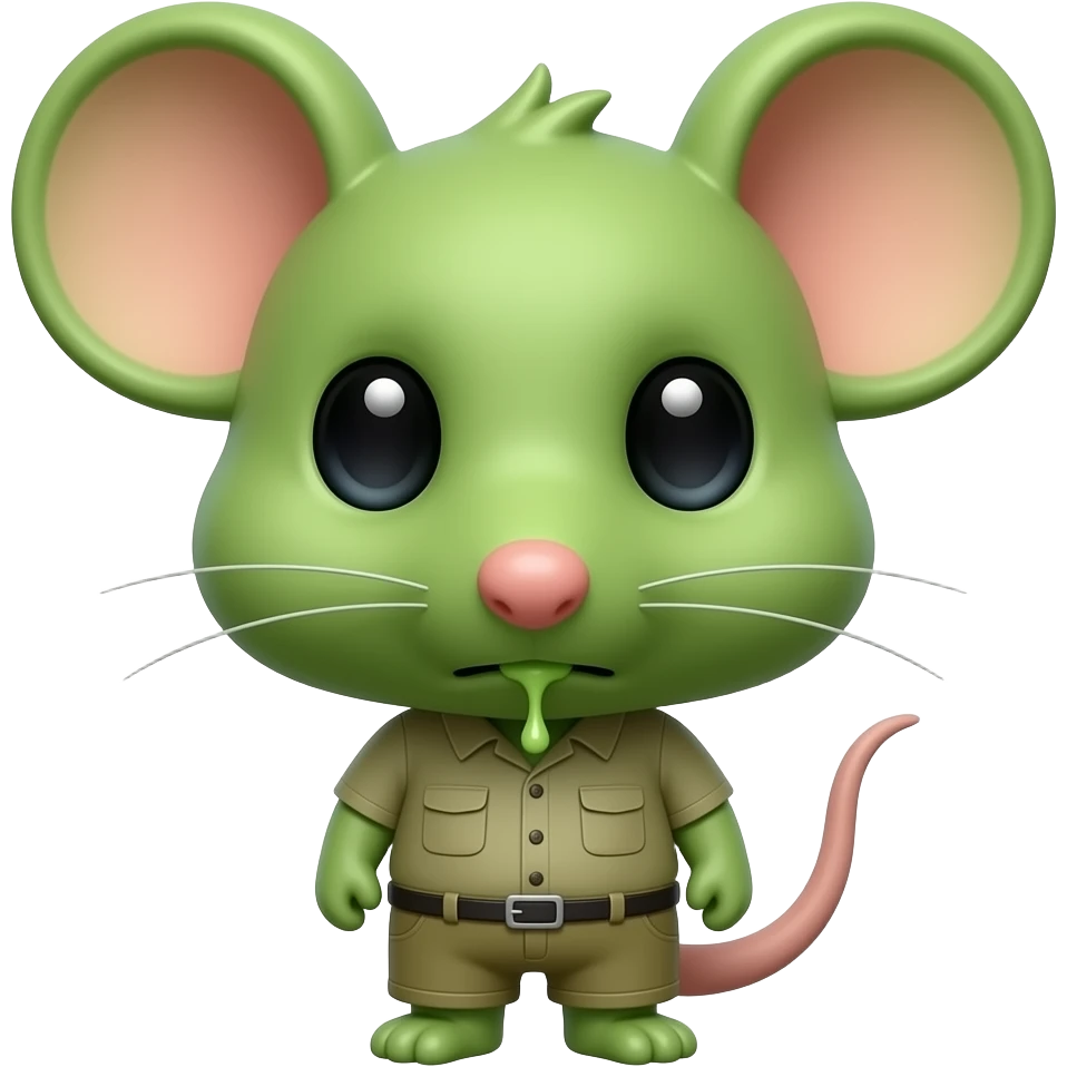A little green mouse shaped like a little human dressed in khaki green, staring at us with a look of nauseating, he has vomit on his mouth. emoji