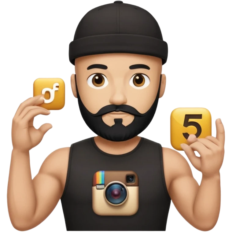Muscular bald man with black beard wearing cap, holding giant Instagram logo, golden "500" floating above, minimal emoji style, white background emoji