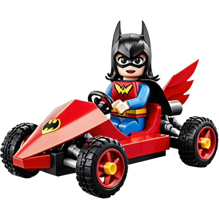 Hot full size real size-appearance electric racing action Lego BatWoman’s feminine midnight-colored tight outfit sixty’s tv show 1992 dark stealthy sporty safe plush petite off-road pursuit cruiser car rose gold accents (black hair,reclined and relaxed torso and shoulders seating position) go kart  emoji