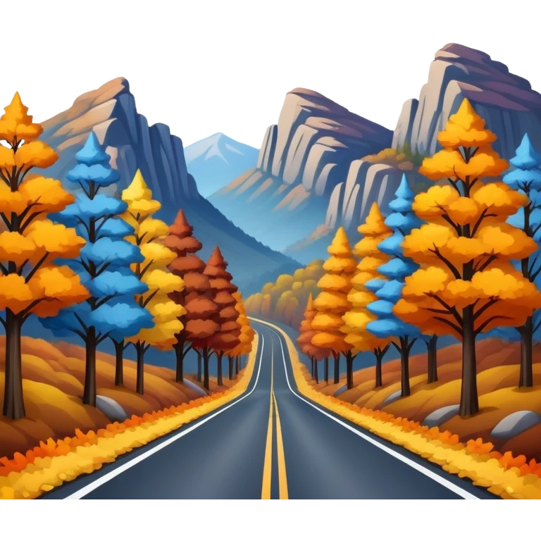 An asphalt road through the blue mountains and autumn colored trees emoji