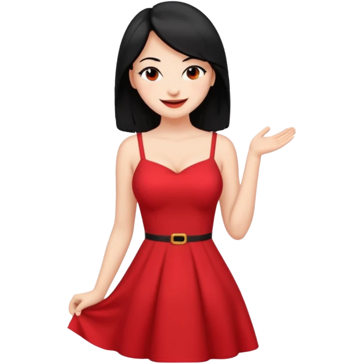 Chica joven pelo sémi largo color negro lacio delgada con con pechos grandes vestido rojo con sonrisa amigable y guiñando el ojo emoji