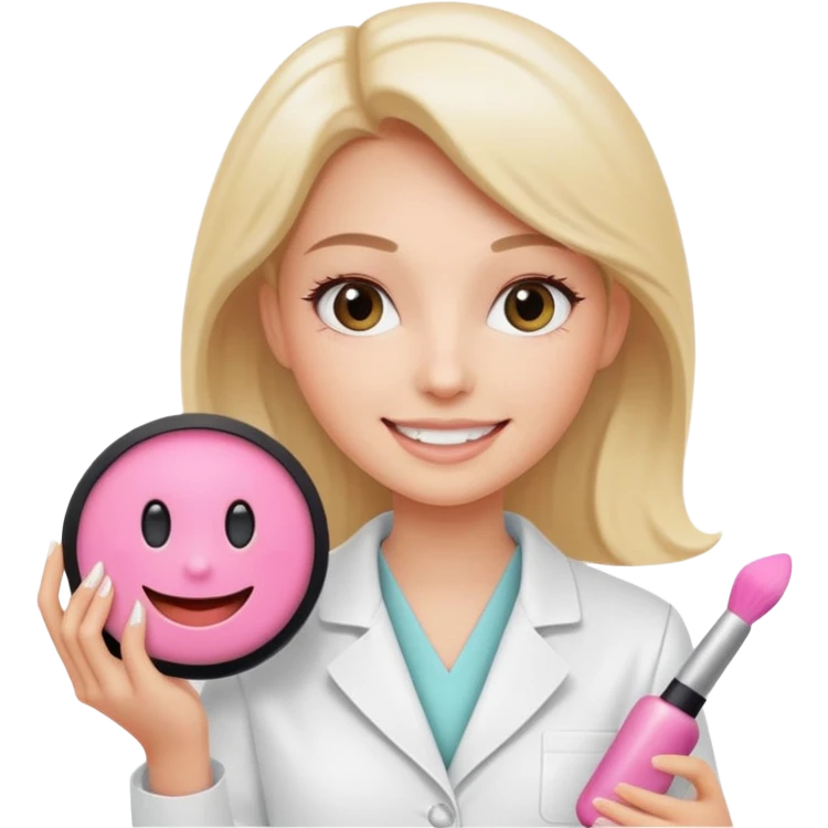 woman in a laboratory coat smiling holding a makeup cushion symbolizing new cosmetic technology emoji