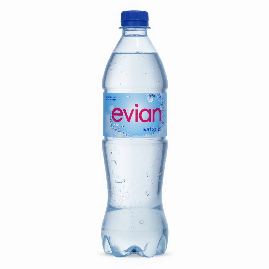 Evian water bottle, realistic, clear plastic, blue and pink label, condensation, white background emoji