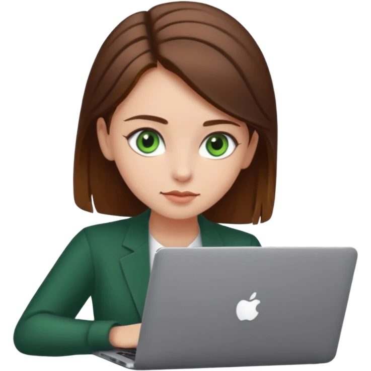 fată cu ochi verzi și păr șaten strâns în partea din spate a capului, lucrând pe un laptop emoji