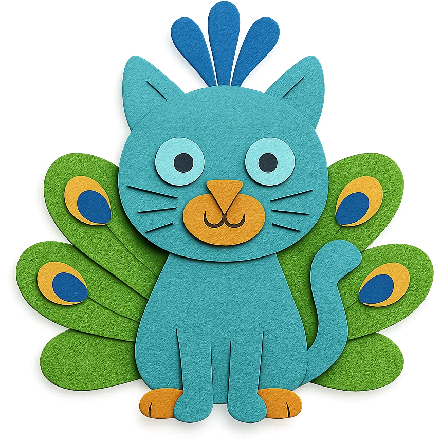silly peacock with a cat in paper craft style emoji