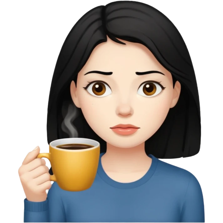 컴퓨터로 작업하면서 커피를 많이 마시고 있는 피곤해보이는 검은머리 여자 emoji