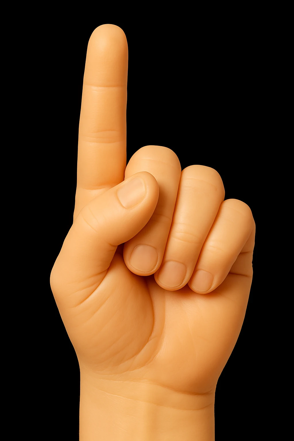 Create an image of a single hand viewed from the back, standing vertical with the pointer finger extended. The hand should be skin-colored, toy-like, and highly detailed, with a soft, squishy, retro plastic look. No background or other elements in the image. The style should reflect a soft, squishy, retro plastic toy aesthetic. emoji