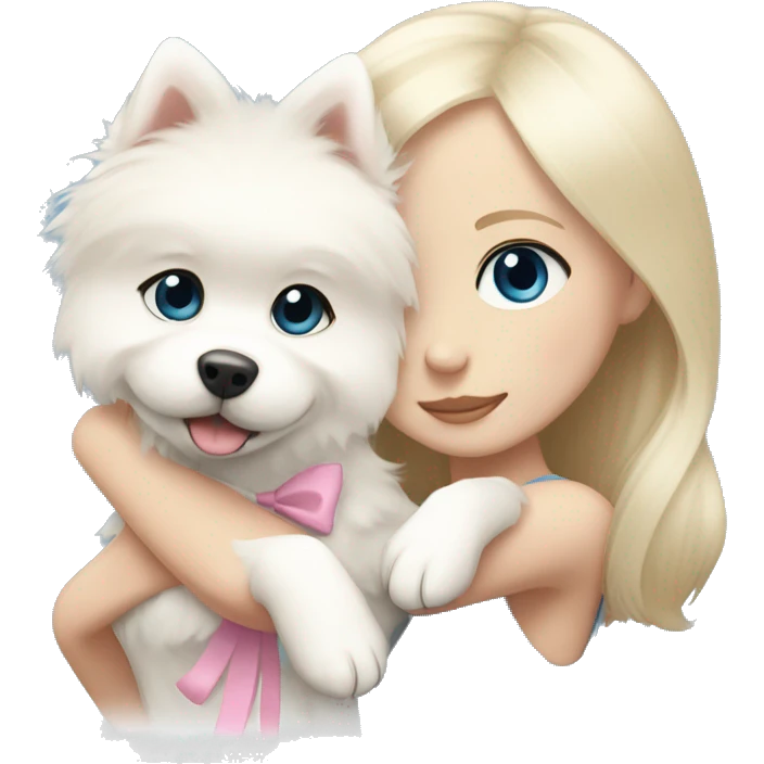 Blond girl white skin blue eyes hugging white Pomeranian with light pink bow emoji