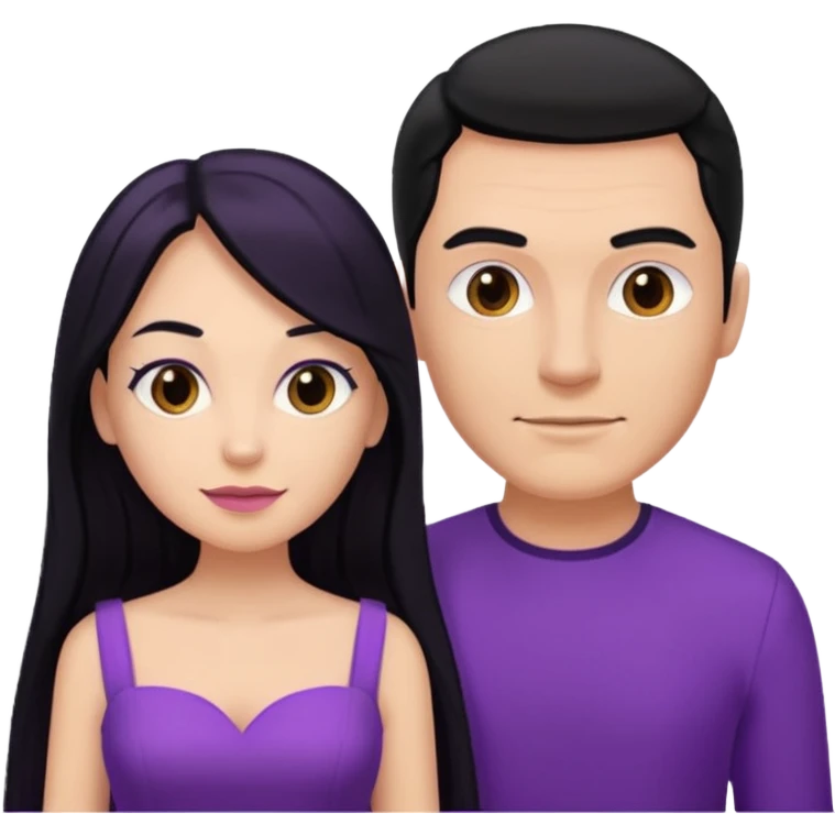 A couple in same outfit female with long hair and purple dress emoji