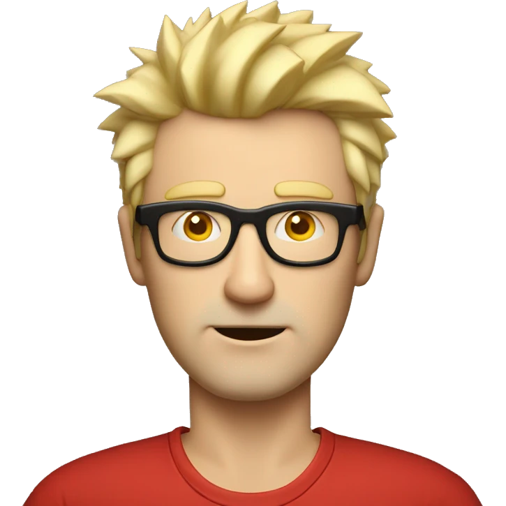 Nerdy middle aged white man with short blond spiky hair looking confused and wearing sunglasses and a red tee shirt holding an electronic tablet emoji