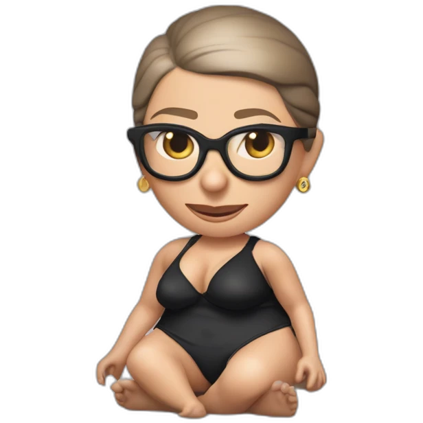 sexy ruth bader ginsburg wearing string bikini with hole in crotchless bikini bottoms bare chest acting out that scene from basic instinct (full body, ios17, sitting legs apart) emoji