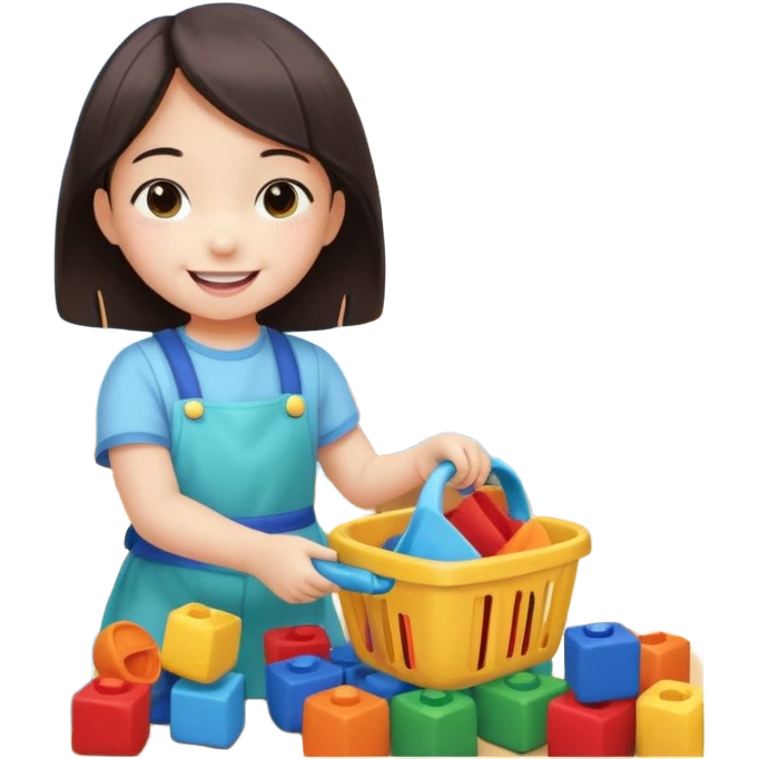 A cute 4-year-old Japanese girl with a big smile, proudly cleaning up her toys by herself in a bright playroom. She is putting colorful blocks and dolls back into baskets, looking happy and accomplished.  emoji