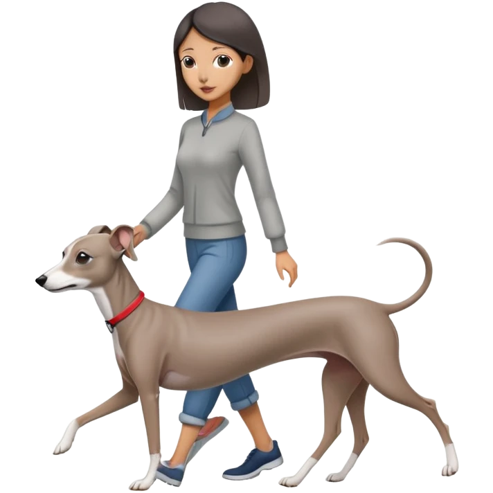 Beautiful Asian girl with cute features walking an all grey Italian greyhound with no white nose emoji