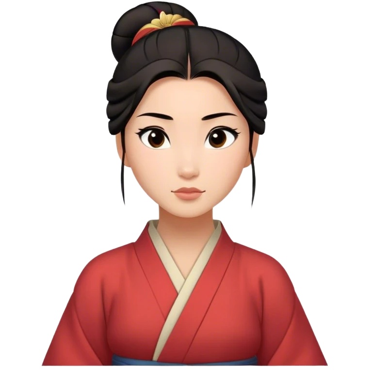 Cinematic Serene Mulan Portrait Emoji, rendered in a simplified vector style. Depict a gentle Mulan (chest and above) with warm, radiant skin, sleek dark hair pulled back in a neat bun, and a calm, thoughtful expression, wearing a simple traditional robe in muted hues. The design glows softly with an elegant, inviting light. emoji