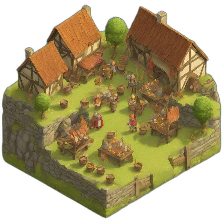 isometric view of a medieval village, festival mood, celebration emoji
