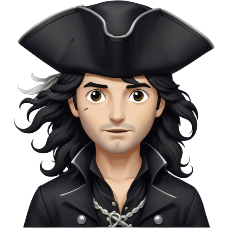 A charismatic pirate with wavy black hair tousled by the breeze. His silver-embroidered tricorn hat casts a shadow. Dark eyes glint with mischief as he looks to the side. His black coat, adorned with silver buttons, shifts with the wind emoji