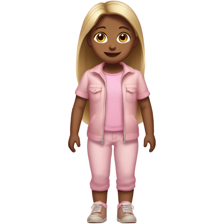 do a white little girl with dirty blond straight hair brown eyes and a cute baby pink outfit, full body arms legs  emoji