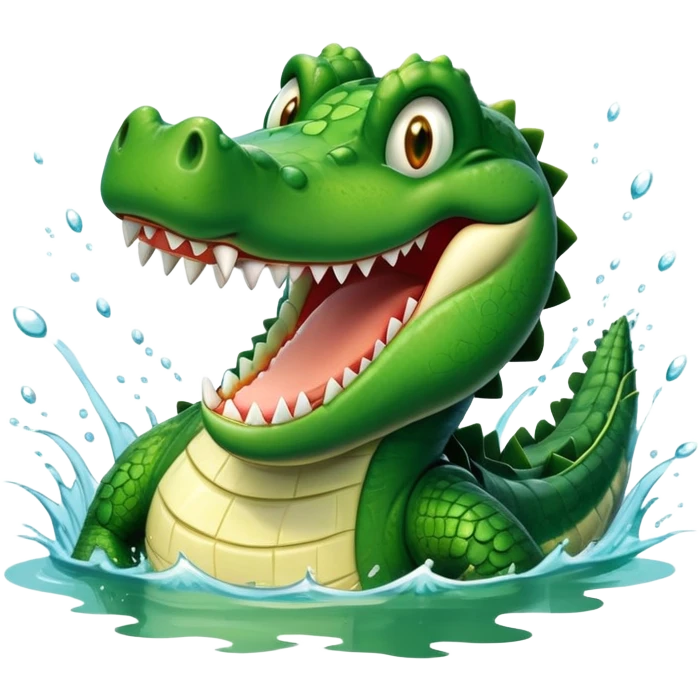 A crocodile with a happy face splashes in the water, showing off its big toothy grin emoji