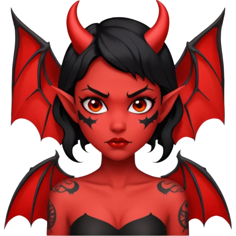 Demon girl: red skin, black hair, small horns, bat wing; tattoo-flash comic style; red/black palette; bold outlines; dark background; no text. emoji