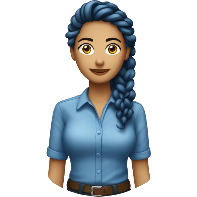 mulher branca de cabelos cacheados longos e camisa azul emoji