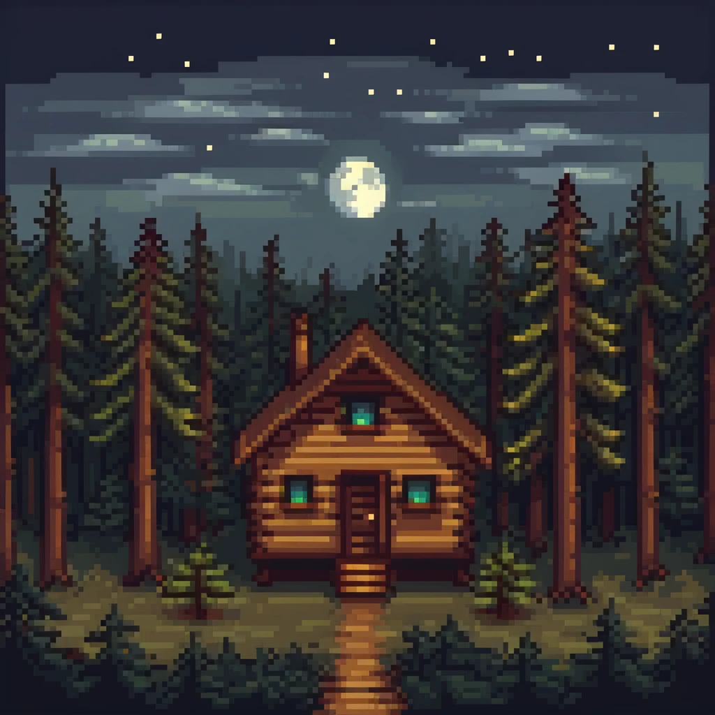 cozy wooden cabin in dark pine forest with moonlight emoji