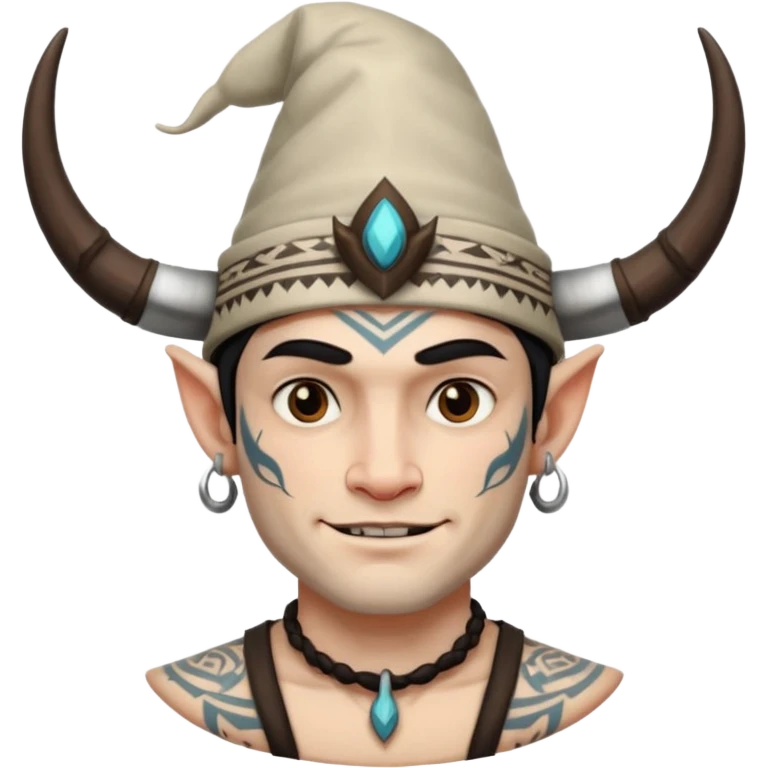 Man white skin with horned hat — tribal tattoos, smirk. emoji