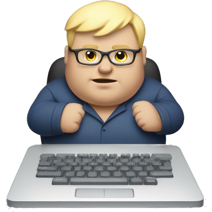 A fat guy with no shirt on with blonde hair and glasses typing on a keyboard  emoji