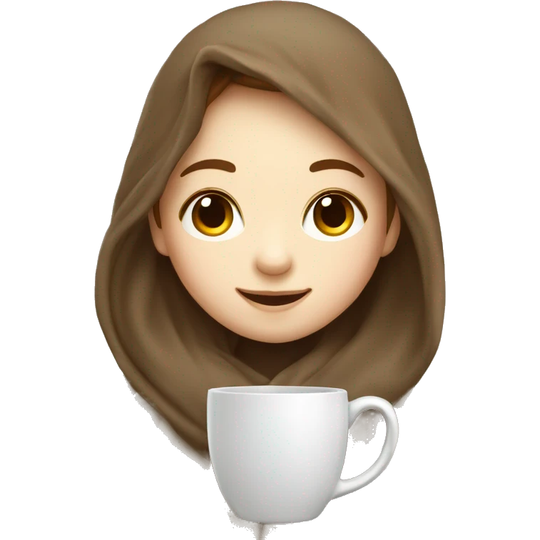 cute smiling girl with pale skin and long brown hair under blanket with a cup emoji