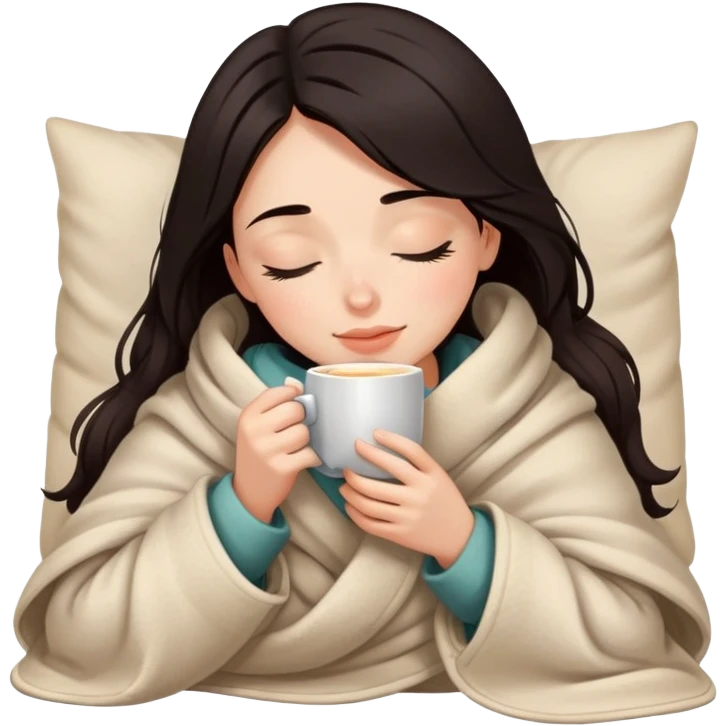 Girl with dark hair snuggled in warm blanket enjoying coffee with peaceful closed eyes emoji