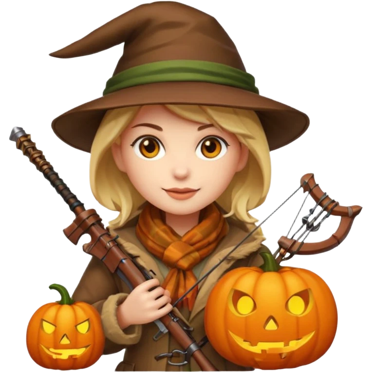 female human monster hunter emoji, wearing brown coat and hat, holding crossbow, soft smile, scarf, glowing pumpkin by her side, Halloween fantasy style, clean vector Apple emoji look, bright colors, white background, square emoji