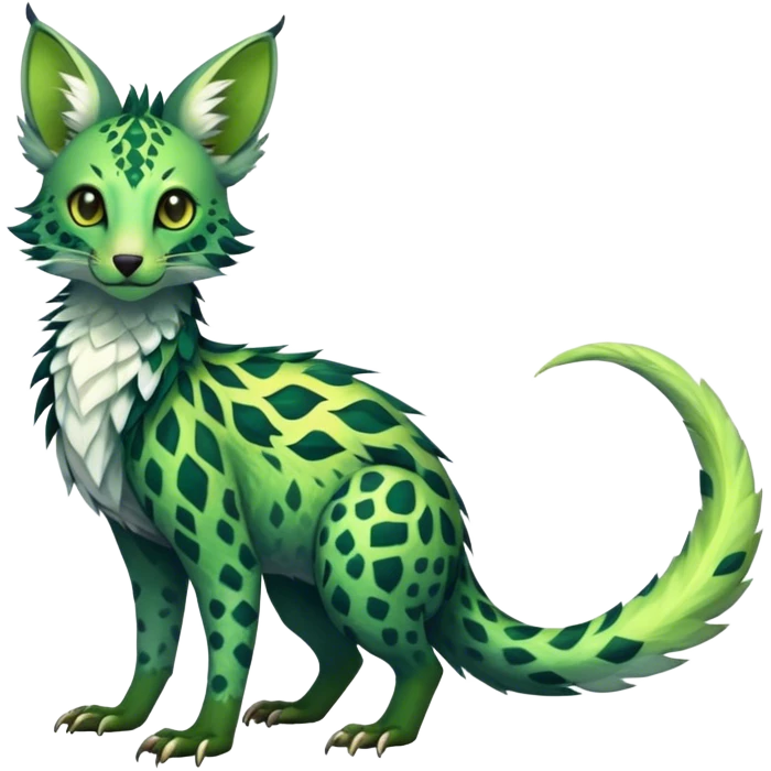 Feral Rare Fantasy vibrant tropical Vernid-Trico-species by LiLaiRa, random markings, tufted tail, tufted ears, full body emoji