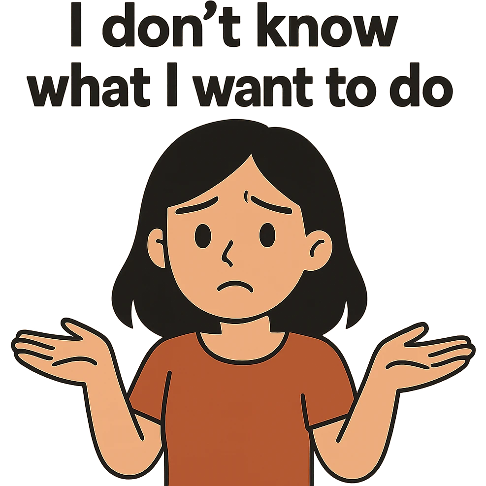 flat toon style confused black-haired girl, 'I don't know what I want to do' face emoji
