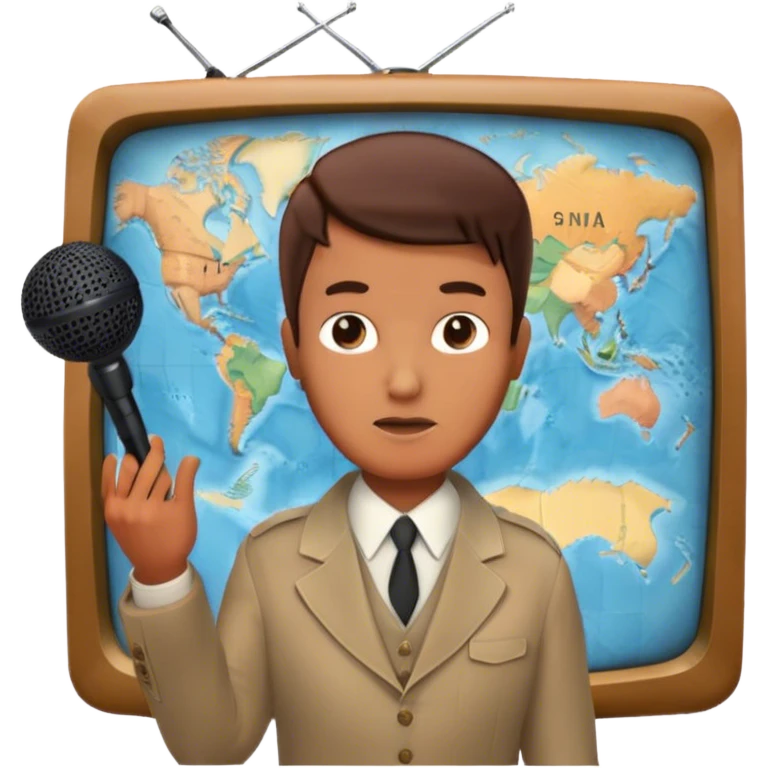 Icon for Documentary Film (TV style): A large vintage TV screen with a serious-looking host standing in front of a map. The host holds a microphone, and the map displays historical or geographical information. Retro TV broadcast style. Transparent background. emoji