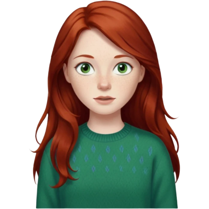 woman with long dark auburn red hair that is mostly straight but has slight waves to it. grey blue eyes. some freckles. wearing a Swedish style sweater that is green. blue grey eyes.  emoji