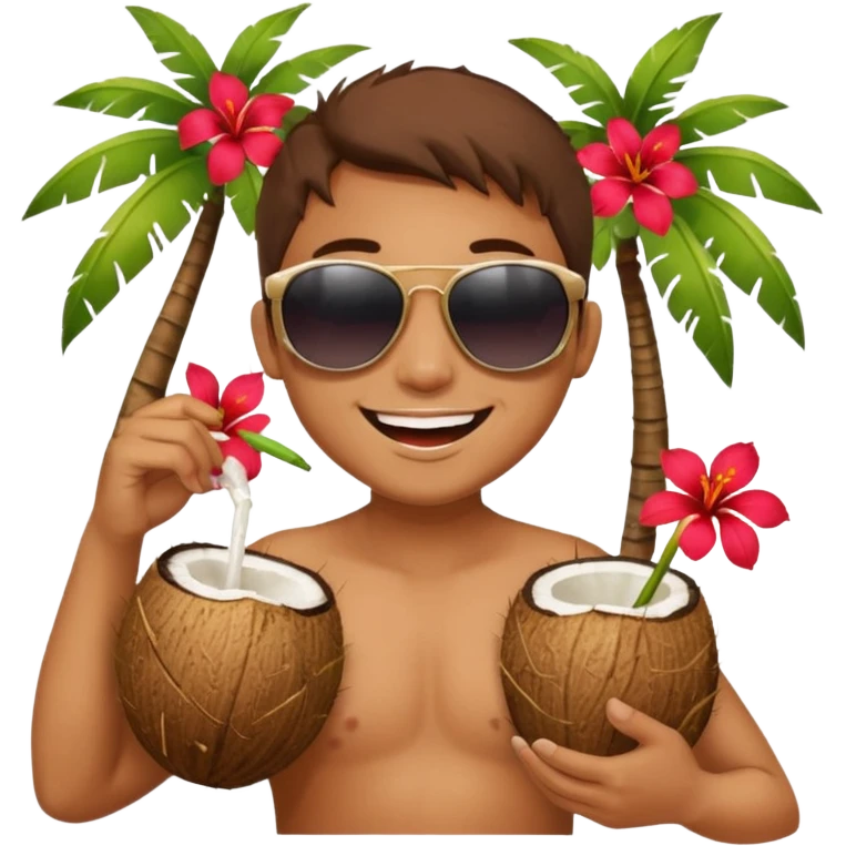 coconut drink with red flowers and summer vibe, with sunglasses and smiling emoji